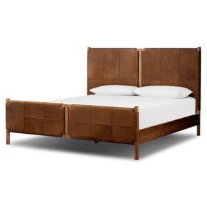 Kathy Kuo Home Hubert Rustic Lodge Brown Leather Upholstered Wood Frame Classic Bed – Queen